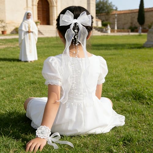 Kommunion Haarschmuck Mädchen, Weiße Schleife mit Perlen und Organza-Bändern, Kopfschmuck Erstkommunion Blumenmädchen, Haarband für Hochzeit, Geburtstag, Festtag