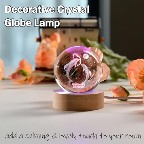 Image of IFOLAINA Dolphin LED Gift 3D Dolphins Figurines In Crystal Ball Laser Engraved Glass Sphere Home Decor With Wooden Light Base | Engraved Glass Dolphin Sphere Figurines Decorative Decor Lamp for Room Holidays