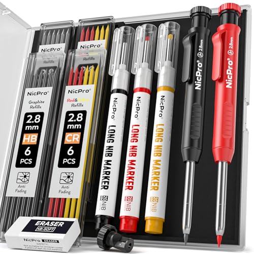 Nicpro 2 Pack CP1000 Carpenter Pencil with Sharpener, Mechanical Carpenter Pencils with 26 Refills, Deep Hole Long Nib Marker Pens for Construction, Heavy Duty Woodworking Pencil for Architect Marking