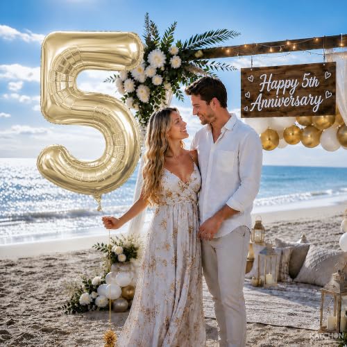 Image of KatchOn, Number 5 Balloon - 40 Inch | Champagne Gold Number 5 Foil Balloon
