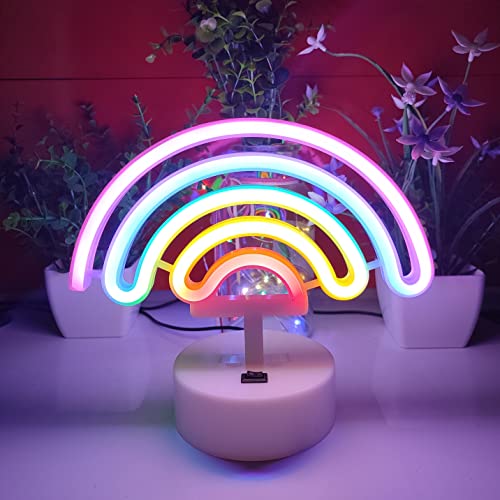 Image of JYWJ Neon Signs with Holder Base,USB or 3-AA Battery Powered Neon Light,LED Table Decoration,Bedroom Wall Decoration,Birthday Gift,Wedding Supplies Business Gift(Rainbow)