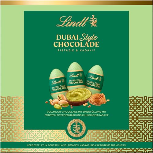Lindt Dubai Style Chocolade Eier Ostergeschenk | 162g Eier | Feinste Vollmilch-Chocolade mit feinster Pistazienmark, Pistazien- und knuspriger Kadayif Füllung | Schokoladeneier | Schokoladengeschenk