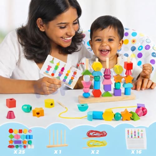 Image of Hop N Play Wooden Beads Sequencing Toy Set | Montessori Lacing & Stacking Toy for Kids 2-5 | Color & Shape Matching Beads Game for Kids | 22 Pcs Blocks and 10 pcs Cards