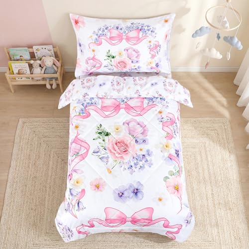 Image of Pea Pod Floral Toddler Bedding Set for Girls, 4 Piece Bed-in-a-Bag Toddler Comforter Sets Cute Bowknot Princess Crib Bed Set | Include Quilt Comforter, Flat Sheet, Fitted Sheet, Pillowcase, Super Soft