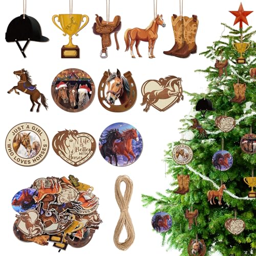 Vercraft 36 Pcs Western Horse Ornaments Gifts for Christmas Tree Hanging Set Double-Sided Printing Wooden with Saddle Western Theme Christmas Decorations for Horse Lovers Women Girls