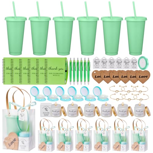 50Pcs Baby Shower Prizes for Game Winners Baby Shower Favors Gifts including Plastic Tumbler Notebook Scented Candles Ballpoint Pen Mirrors with Hair Brushes Bracelet Gift Bag (Green)