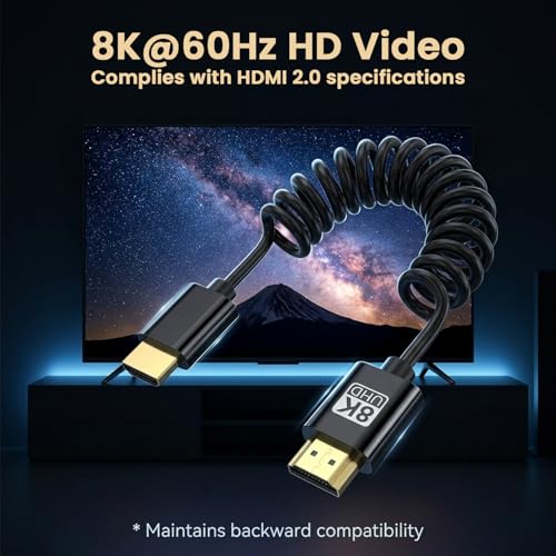 Image of Verilux HDMI Cable 2.1 with Spring, 8k@60Hz, 4k@144Hz, 2K@144Hz UHD Resolution, HDMI 2.1 Cable Supports Audio & Video for Synchronous Transmission for Monitors Gimbals and Video Use