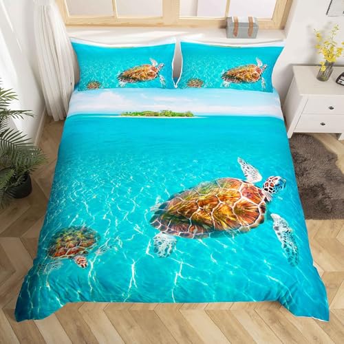 richhome Mer Bleue Parure de Lit 3D Tortue Housse de Couette 220x240cm Hawaiian Beach Decor Microfibre Ensemble de literie avec 2 taies d'oreiller, Fermeture à glissière