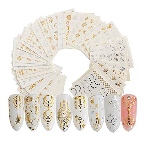Gold Nail Art Stickers 30 Sheets Metallic Nail Decals Butterfly Dream Catcher Star Pattern Sticker for Women Nail Decorations Designs Manicure Tips Wraps Water Transfer Paper Sticker Set