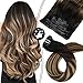 Moresoo Seamless Hair Extensions Clip in Human Hair Remy Hair Extensions 14inch New Technology Clip in Hair Extensions #1B/3/27 Black to Brown with Blonde Hair Ultra Thin PU Weft 100g 7pcs