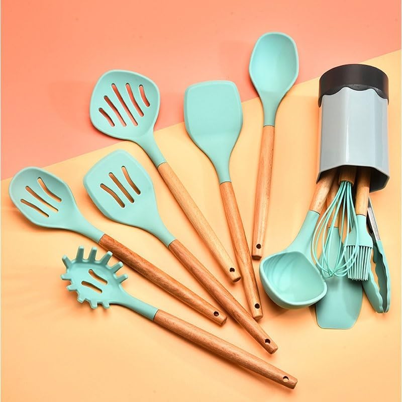 Silicone Kitchen Cooking Spoon Spatula Wooden Handle Kitchenware with Storage Bucket