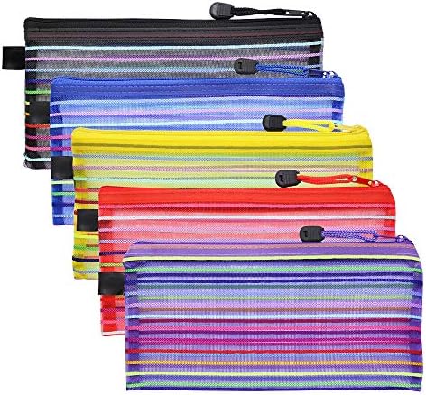 Meetory 15 Pcs 5 Colors Mesh Pencil Case, Zipper Mesh Pouches, A5 Clear Pencil Case Bulk Mesh Pen Case, Travel Cosmetic Office Organizer Zip File Bag for Collect Office and Makeup Supplies