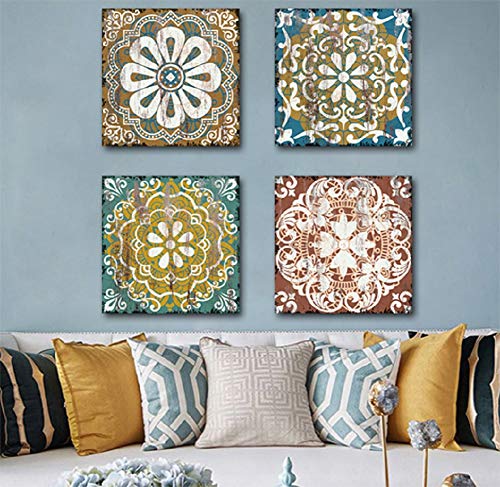 Yatehui Mandala Canvas Prints Wall Art 4 Panel Vintage Flower Pattern Pictures Ready To Hang Boho Paintings For Bathroom Bedroom 12X12 Inches #TOP3