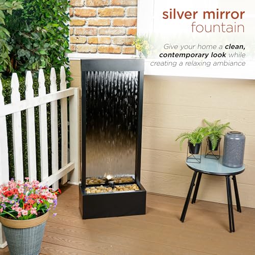 Image of Alpine Corporation - Mirror Waterfall Fountain with Stones & Lights - Zen Indoor /Outdoor Decor for Office, Living Room, Patio, Entryway - 48 Inches (Silver)