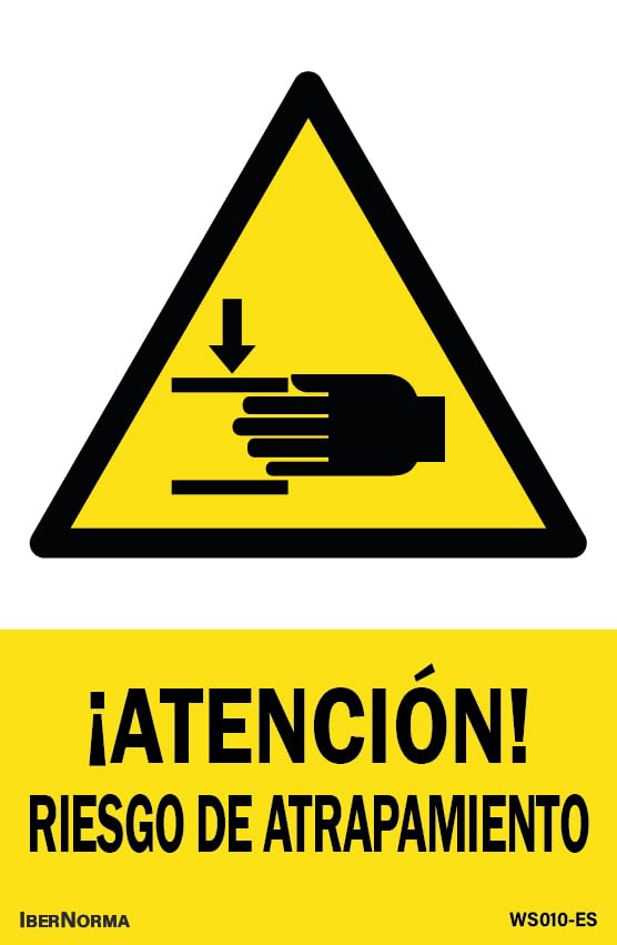 IberNorma WS010 - Señal Adhesiva de ¡Atención! Riesgo de atrapamiento 10x15cm Pegatina de Peligro de aprisionar o atrapar las manos homologada Cartel ideal para maquinaria industrial (10x15cm)