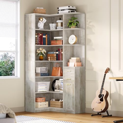 IRONCK Corner Bookshelf, 76" Tall Corner Bookshelves, 6 Tiers L-Shaped Bookcase with 10 Open Shelves and 2 Storage Drawers for Living Room or Home Office - Image 4