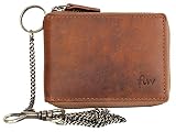 FLW Pocket Sized Leather Wallet with Metal Zipper and Chain