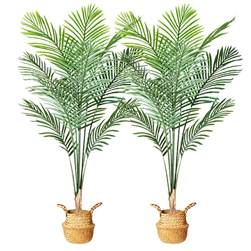 Mosade Artificial Areca Palm Tree 5.2 Feet Fake Tropical Palm Plant And Handmade Seagrass Basket+Artificial Flowers, Perfect Tall Faux Dypsis Lutescens Plants For Indoor Decor Home Office Gift,2Pack #TOP17