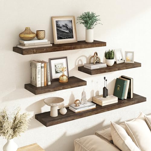 Image of RICHFOCUS Elm Floating Shelves for Wall - 24 inch W x 9.3 inch D Rustic Solid Wood Shelves with Invisible Bracket, Wall-Mounted for Living Room, Bedroom, Kitchen Storage & Display, Set of 2, Walnut