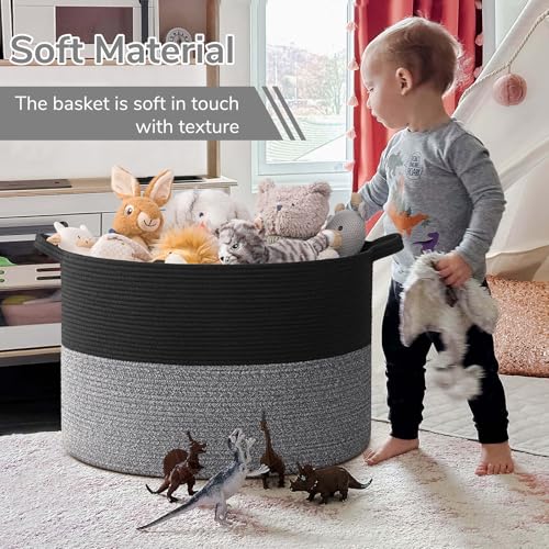 Image of INDRESSME 115L Extra Large Cotton Rope Blanket Basket, Woven Basket for Toy Storage Organizer & Laundry Toy Box for Living Room Area & Nursery Room, Black & Grey