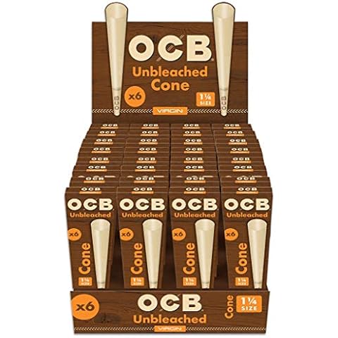 OCB Virgin Unbleached Pre-Rolled Cones, 3.3 Inch (192 Total Cones) 1 ¼ Size Ultra-Thin Natural Rolling Papers with Tips - Slow Burning, 100% Natural Acacia Gum, Unbleached Paper Cover
