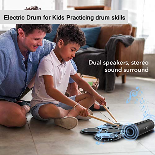 PAXCESS Electronic Drum Set 7 Pads Roll-up Practice Electric Drum for Kids with Headphones Jack, Built-in Speakers Drum Set Best Birthday Gift for Kids (Blue)