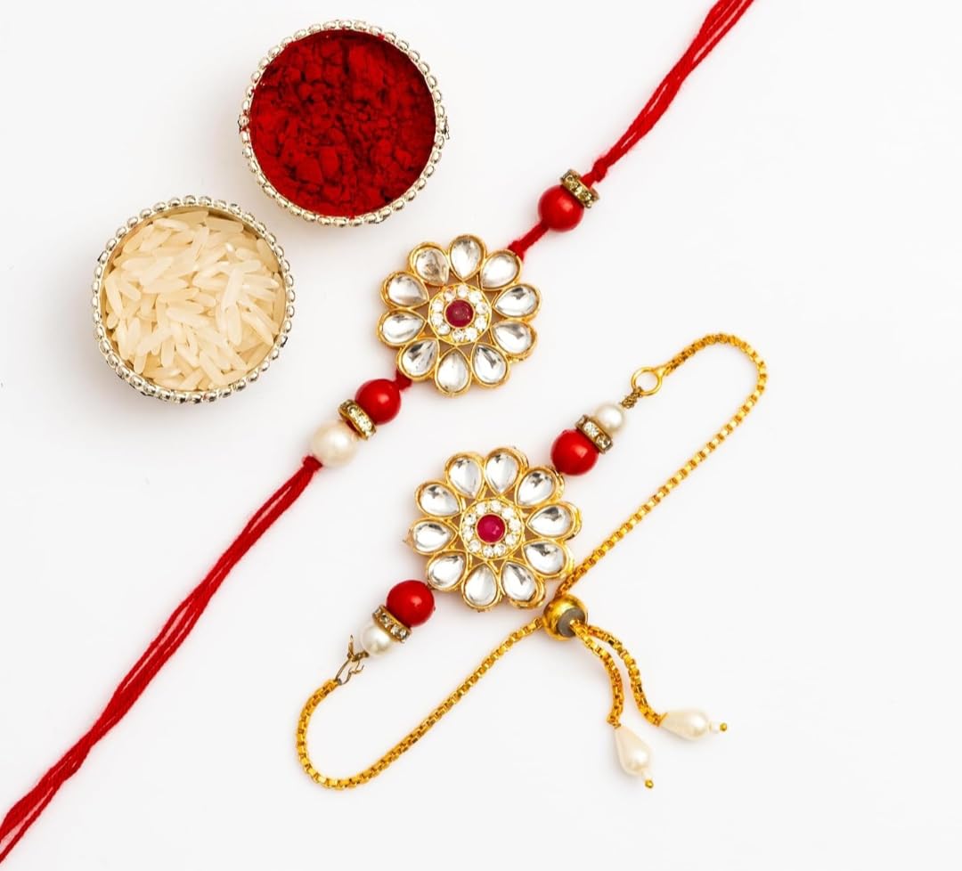 Premium Handcrafted Kundan Rakhi Set for Bhaiya Bhabhi - Elegant Floral Stone Work Thread Rakhi and Adjustable Chain Lumba Combo-image-35