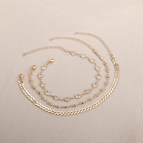 Thunaraz 3 Pcs Fashion Gold Anklet for Women Dainty Sparkly CZ Flat Mariner Foot Chain Heart Anklet Adjustable Summer Boho Colored Bead Evil Eye Anklet Cute Beach Jewelry Set