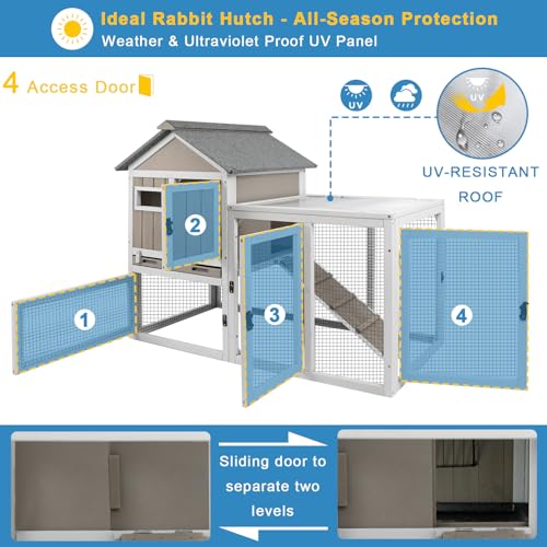 Ketive 48" L Rabbit Hutch Outdoor Indoor Bunny Hutch Weatherproof, 2-Story Wood Rabbit Cage with Deep Tray, Chew-Resistant Ramp, UV Roof, Bunny House for Small Animal, Expandable Guinea Pig Cage - Image 5