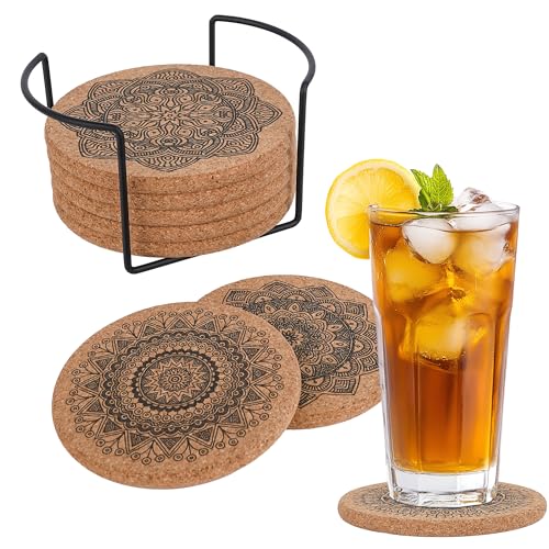 8 Pièces Dessous de Verre en Liège, avec Support en Métal, Dessous de Table Antidérapants, Réutilisable sous Verre pour Boissons Chaudes et Froides, 10cm, Couleur du Bois