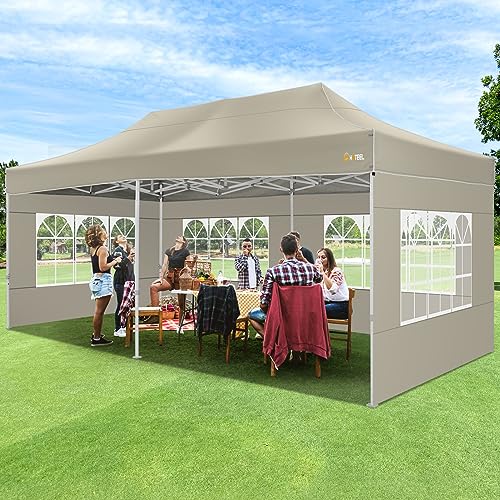 Image of HOTEEL 10x20 Pop up Canopy Tent for Parties, Heavy Duty Easy Setup Tent with 6 Sidewalls, Outdoor Commercial Instant Gazebo for Wedding Event, with Roller Bag & Sand Bags, Khaki(Hexagonal Frame)