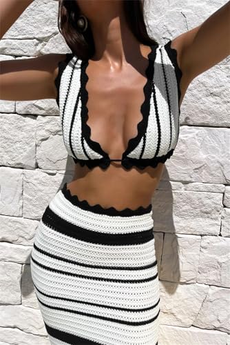 Crochet Knit 2 Piece Skirt Set for Women Knit Top Striped Bodycon Long Skirt Beach Cover Up Streetwear3