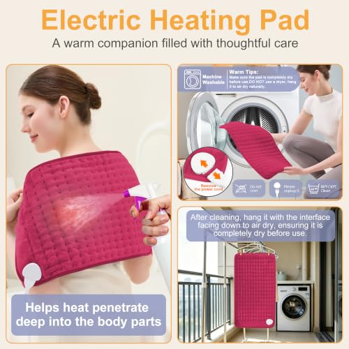 Image of Heating Pad,Electric Heating Pads,Heating Pad for Back,Burgundy,24x12 Inch | Heating Pads for Shoulder,Neck,Abdomen,Knee,Arms,Legs,Heat Pad for Birthday Father Mother Gift Women Men,6 Heat Settings