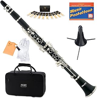 Mendini MCT-E+SD+PB Black B Flat Clarinet with Case, Stand, Pocketbook, Mouthpiece, 10 Reeds