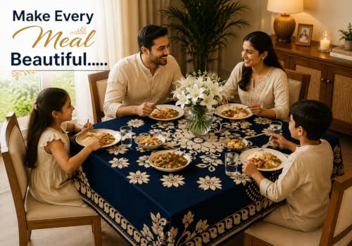 Image of Floral Dining Table Cover for 4 Seater | 58 x 38 Inch Rectangle Polyester Table Cloth | Washable Fabric Table Cover for Dining Table | Dust & Scratch Protection | Blue