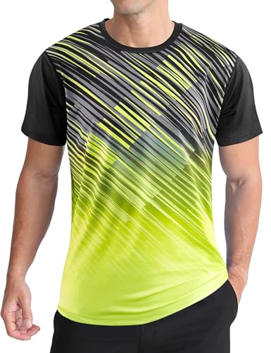 APTRO Camiseta Deportiva para Hombre con Diseño Degradado, Manga Corta, Tejido Elástico y Transpirable para Deportes Patrón Inclinado Verde L