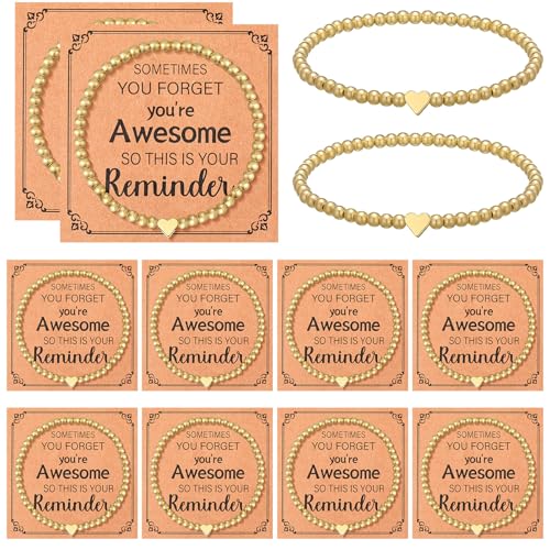 Hinly 12 Sets Gold Heart Bracelets Gifts for Women Employees Bulk Inspirational Friendship You're Awesome Graduation Gifts(Solid Heart)