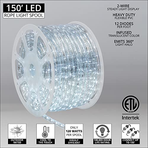 Wintergreen Lighting 150ft 1800 LED Heavy Duty Rope Light Spool, 120V ETL Indoor Rope Lights Plugin Outdoor Tube Lights ½ Inch, Accessories and Mounting Clips Included, Cool White - Thumbnail 2