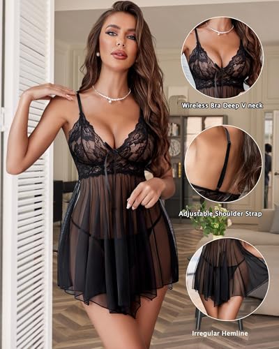 Image of SSoShHub Women Lingerie Set Lace Teddy Strap Babydoll Lingerie Bikini with Panty