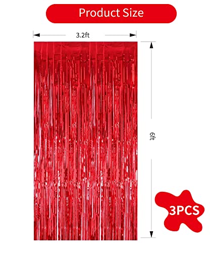 Toniful 3Pcs Red Metallic Tinsel Foil Fringe Curtains,3.28Ft X 6.56Ft Photo Booth Props.glitter String Backdrop Streamers For Door Wall Tassle Curtains Background Birthday, Christmas Party Decorations #TOP1