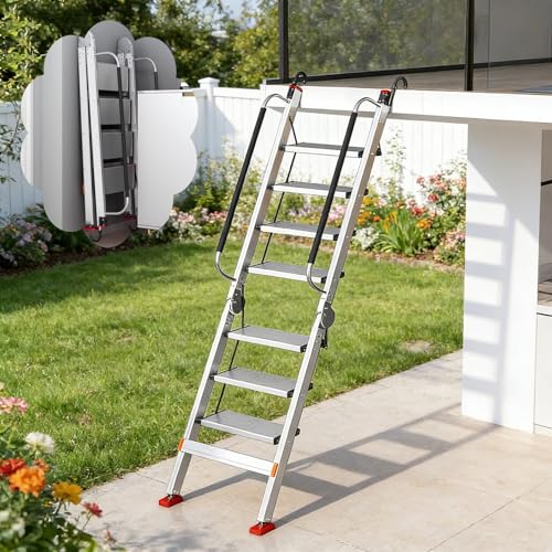 Escalera plegable para ático, acceso que ahorra espacio para pequeñas aberturas, diseño resistente con pasamanos y ganchos, 11 escalones, construcción de aluminio duradero