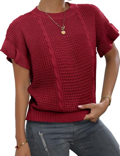 Image of Womens Short Sleeve Sweaters Ruffle Crewneck Pullover Sweater 2025 Casual Lightweight Summer Tops