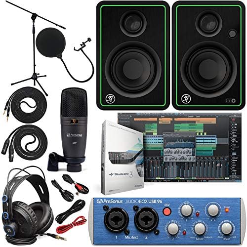 Presonus AudioBox 96 Audio Interface Full Studio Bundle with Studio One Artist Software Pack with Mackie New CR3-X 3″ Creative Multimedia Monitors and 1/4” Instrument Cables