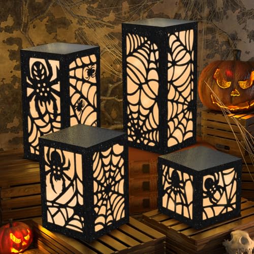 OuMuaMua 4 Pcs Halloween Party Decorations Indoor Halloween Table Centerpieces Boxes, Light up Spider Web Paper Lanterns with Led Lights for Spooky Party Supplies Home Decor