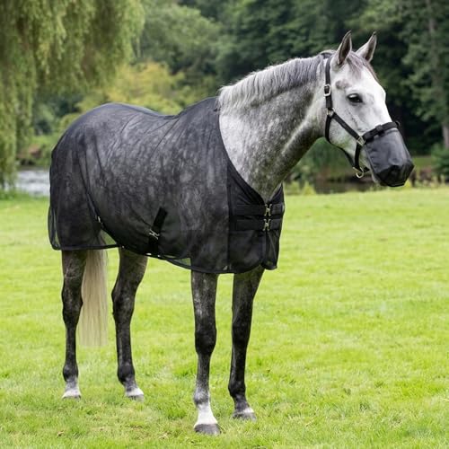 Manta antimoscas de malla negra de 187 cm con cubre nariz para caballos 3