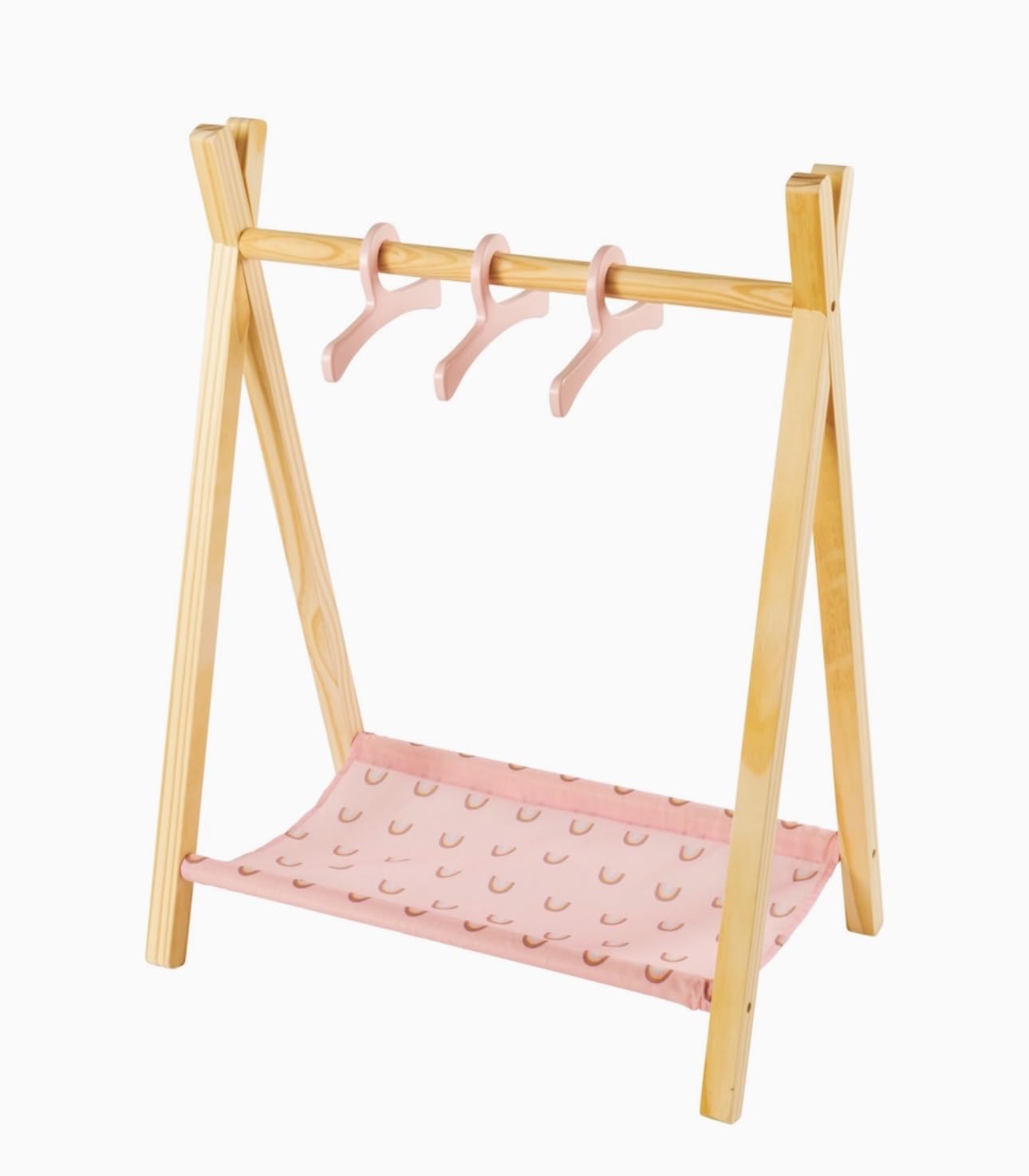 Ivy & Lily Wooden Doll's Clothing Rail, Natural Wood and Pink, 50 x 29.7 x 65 cm, with Storage Shelf, Ages 3+