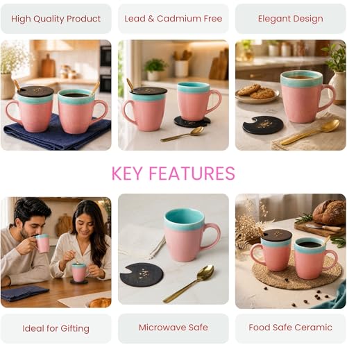 Image of The Earth Store Pink Green Flow Coffee Mug with Lid and Spoon Set of 2 | 340ML Ceramic Coffee Mugs Set of 2 | Resin Art Wooden Lid & Golden Spoon | Premium Coffee Mugs for Gift
