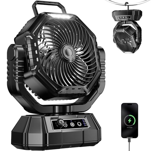 Ventilador portátil de camping de 20000 mAh, ventilador 3 en 1 Recargable con luces y gancho, velocidades continuas, ventilador personal alimentado por batería para camping, tiendas de campaña,