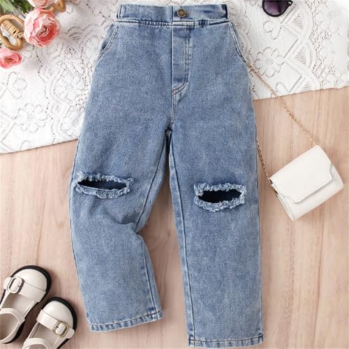 Baby Girls Jeans Denim Butterfly Embroidery Elastic Wasit Wide Leg Baggy Pants Kids Little Cowgirl Clothes 1-8 Years2