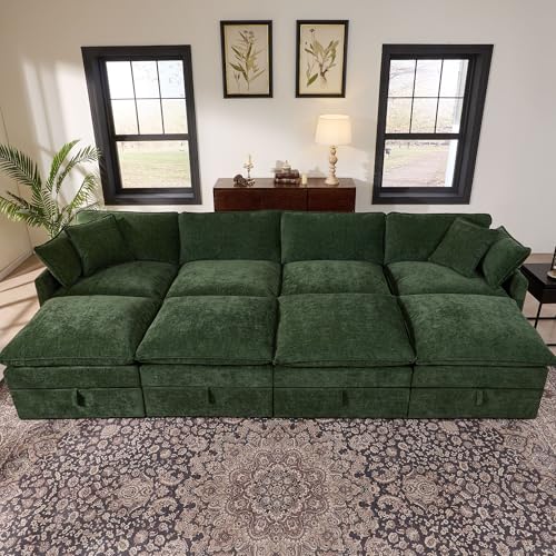 Image of Ihanherry 8 Seater Sectional Sofa Bed, Oversized Modular Cloud Couch with Ottomans, Chenille Sleeper Couches(Dark Green)